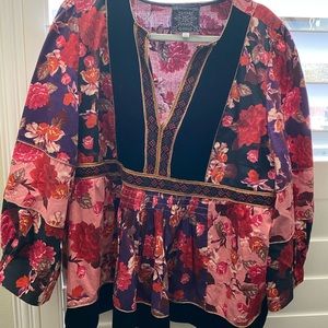 JOHNNY WAS KIMMY PEASANT TOP mixed bouquet print pink silk velvet XL women